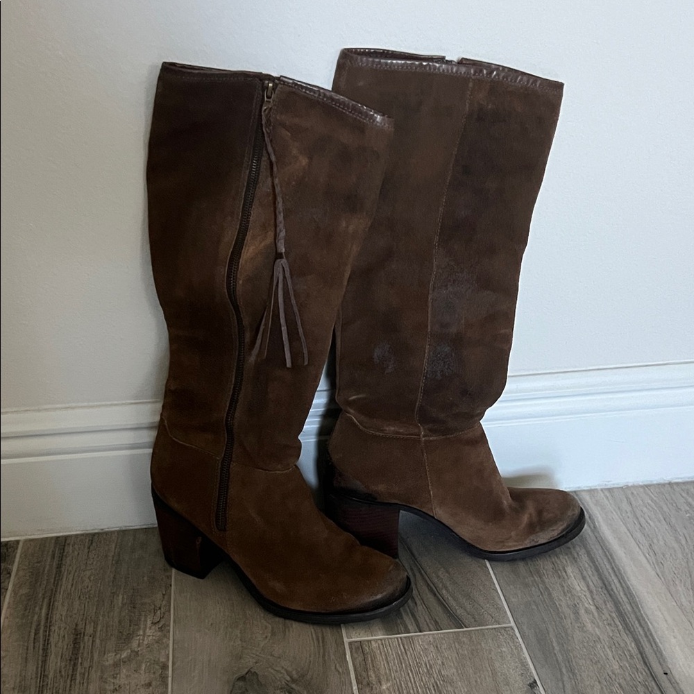 Frye Brown Suede Mid-Calf Heeled Boots